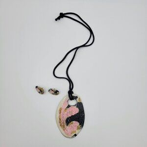 Vintage Clay Necklace And Earrings Pink Gray Black Corded Jewelry Costume Read